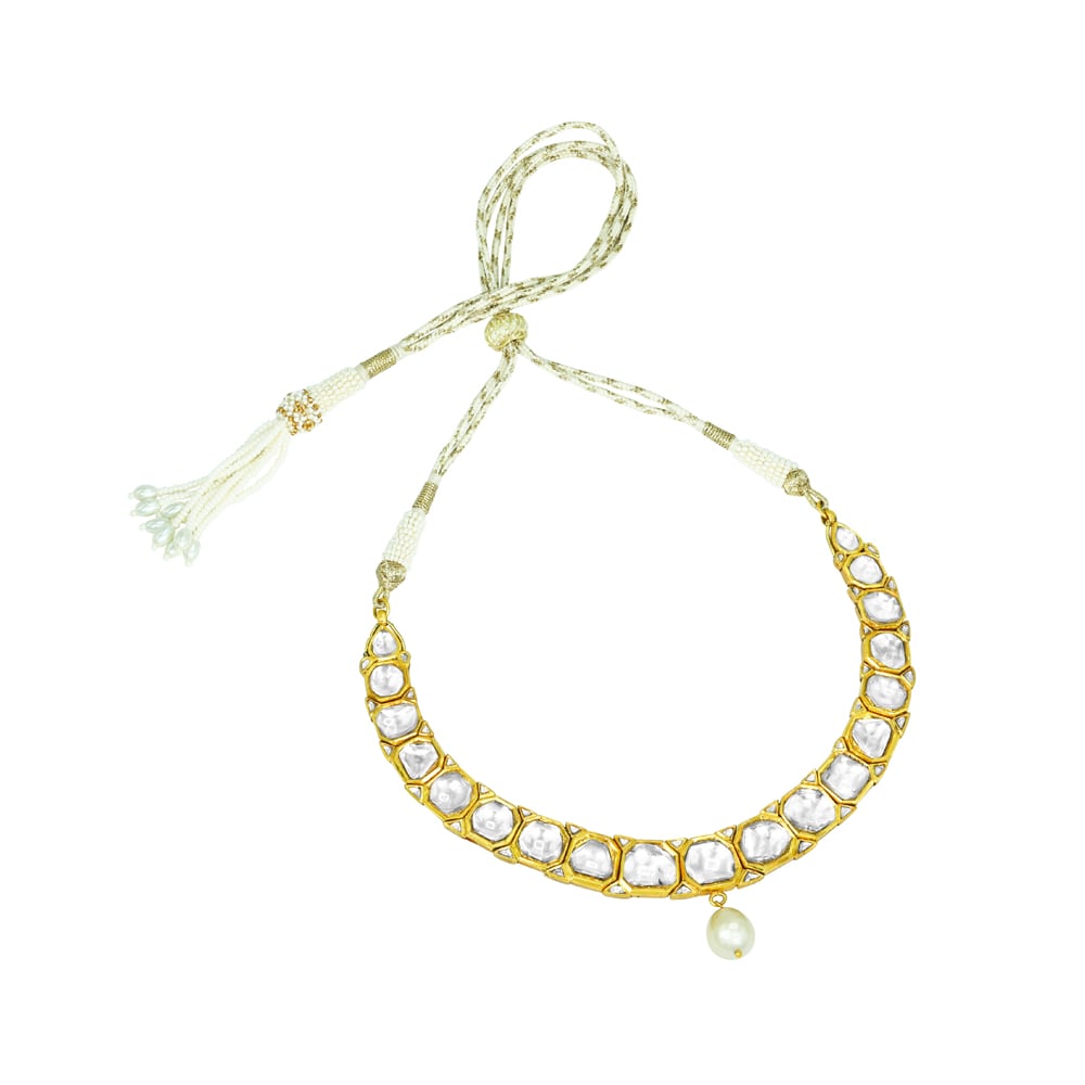 Polki Necklace with Gold Frame and Central Pearl Drop